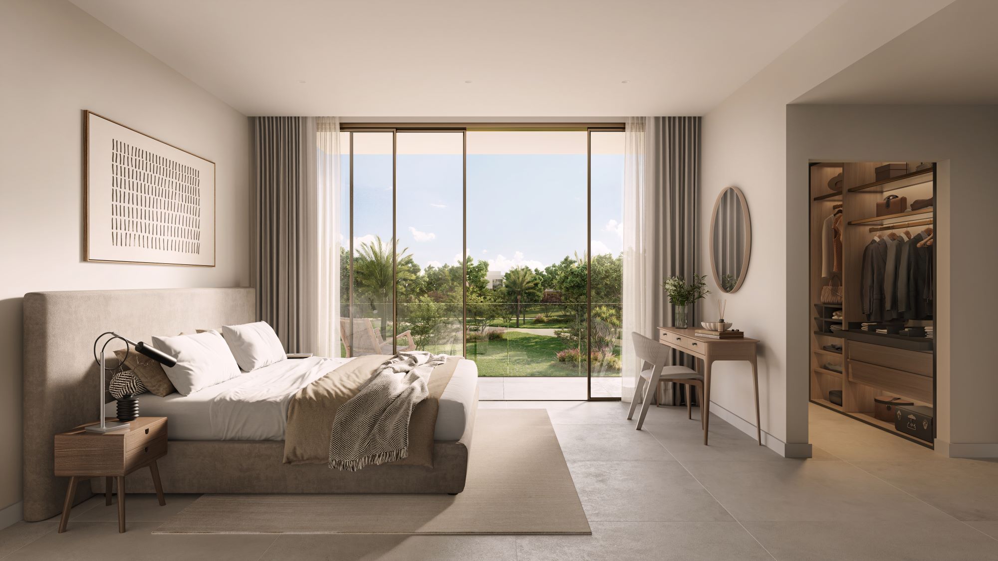 Serene bedroom with floor-to-ceiling garden views