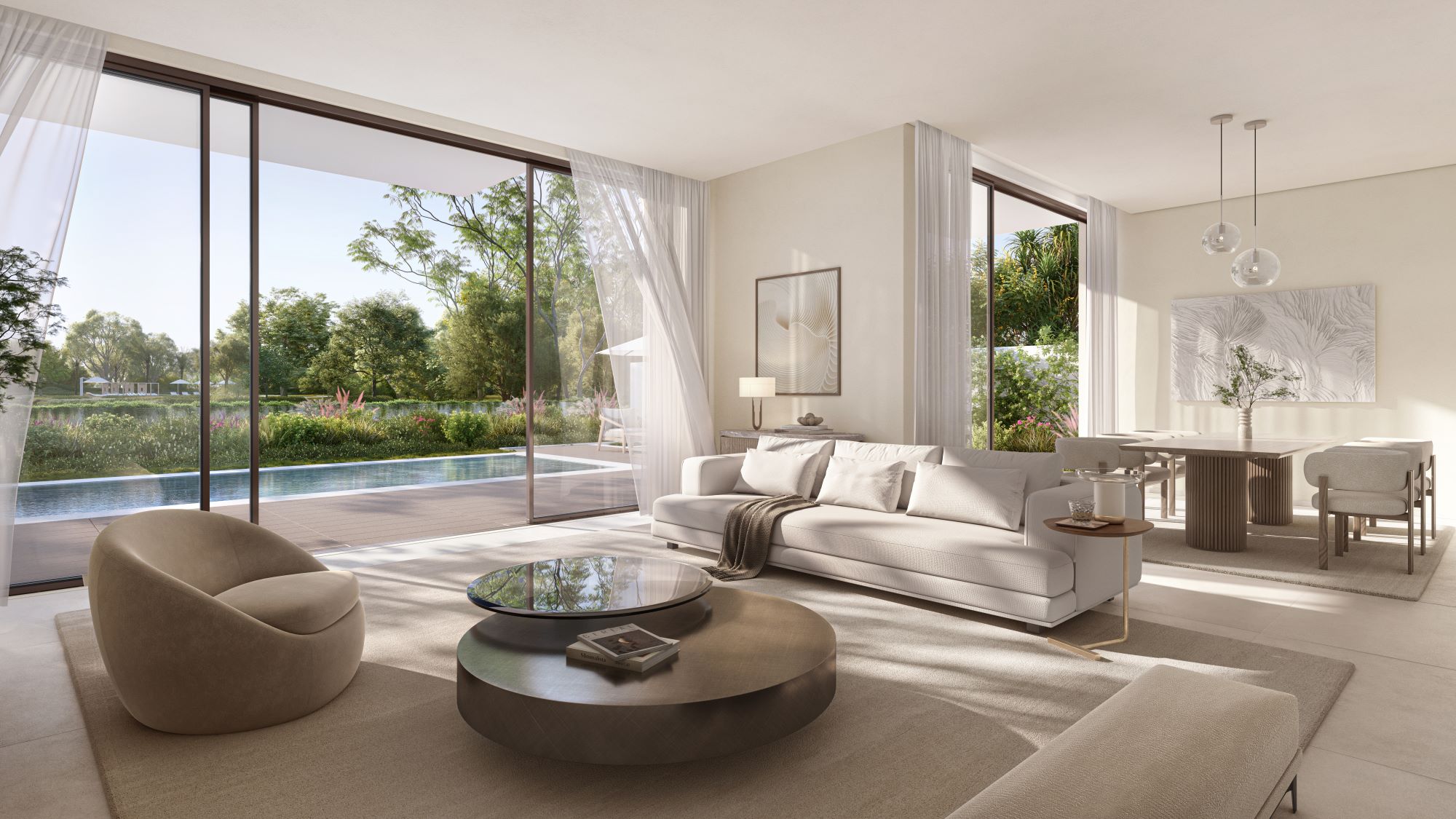 Sunlit living room opening onto a private pool and garden