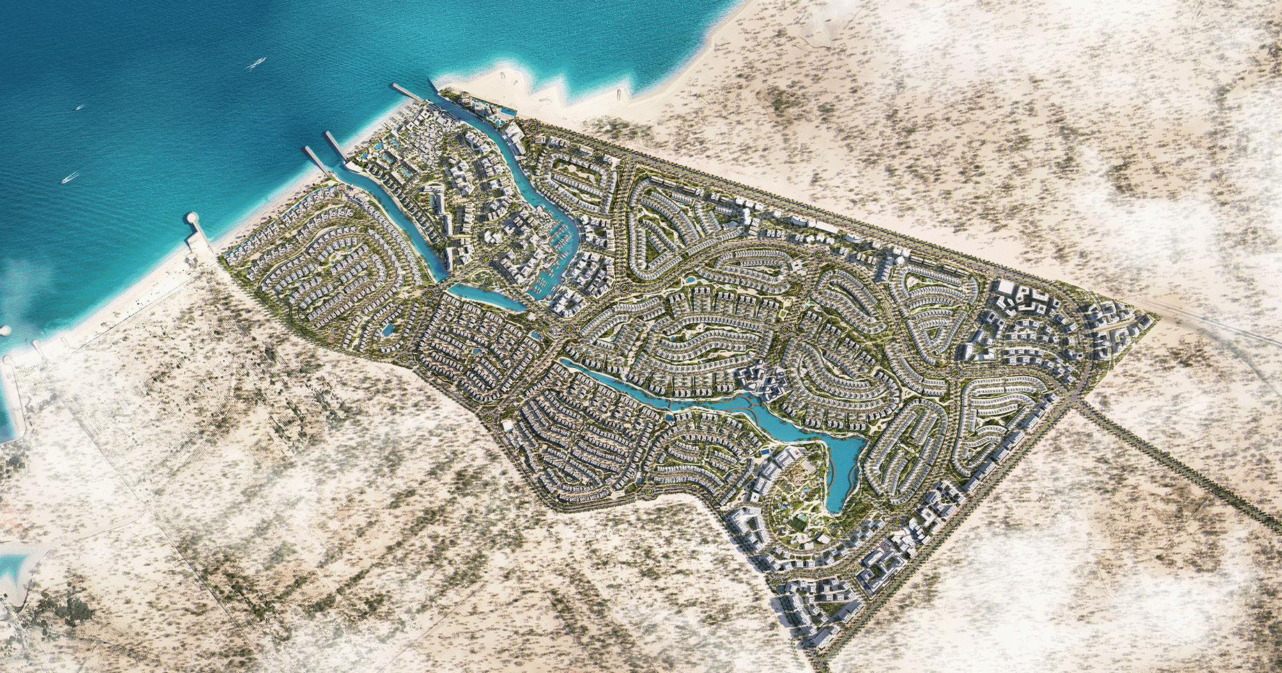 Aerial masterplan of the Bayn community along the UAE coast